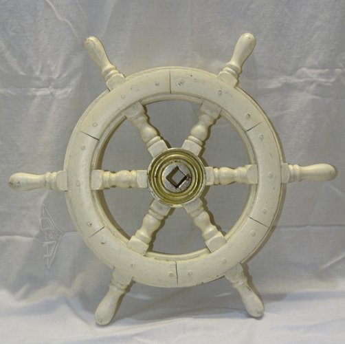 -BELLE ANCIENNE BARRE ROUE DE BATEAU BOIS PEINT BLANC CENTRE LAITON déco   D