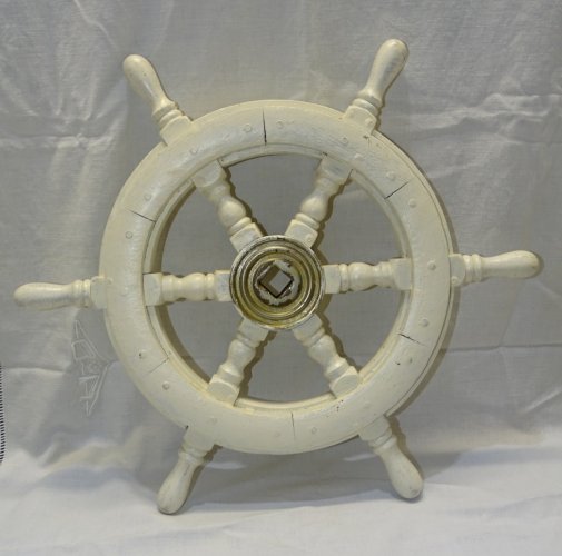 -BELLE ANCIENNE BARRE ROUE DE BATEAU BOIS PEINT BLANC CENTRE LAITON déco   D