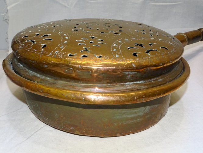 -BELLE ANCIENNE BASSINOIRE CHAUFFE LIT CUIVRE POIGNEE BOIS COLLECTION DECO    D