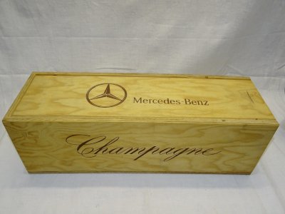 -BELLE ANCIENNE BOITE BOIS PUBLICITE CHAMPAGNE MERCEDES BENZ A DETOURNER   D