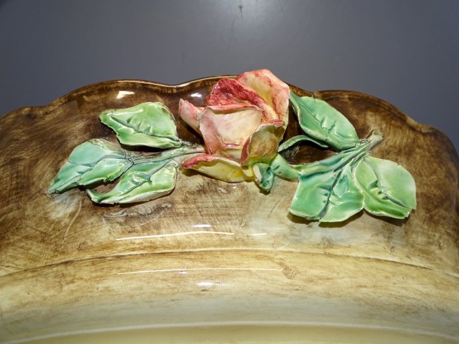 -BELLE ANCIENNE JARDINIERE BARBOTINE LONGCHAMP FLEURS EN EPAISSEUR TERRE de FER