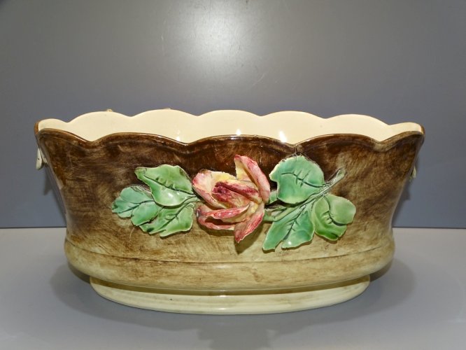 -BELLE ANCIENNE JARDINIERE BARBOTINE LONGCHAMP FLEURS EN EPAISSEUR TERRE de FER