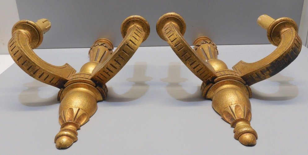 -BELLE & ANCIENNE PAIRE D'APPLIQUES BOIS Doré électrification Ancienne déco    D