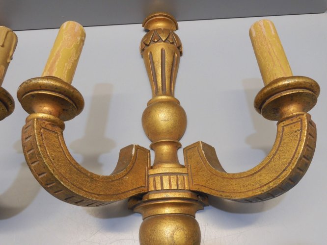 -BELLE & ANCIENNE PAIRE D'APPLIQUES BOIS Doré électrification Ancienne déco    D