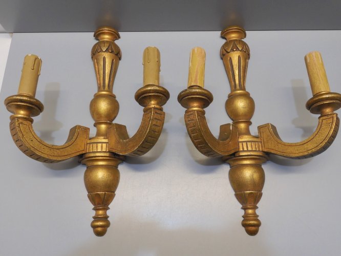 -BELLE & ANCIENNE PAIRE D'APPLIQUES BOIS Doré électrification Ancienne déco    D
