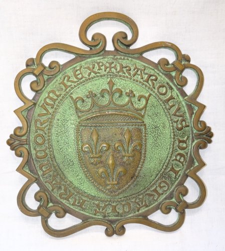 -BELLE ANCIENNE PLAQUE DECORATIVE MAX LE VERRIER en BRONZE ECU D'OR CHARLES VI D