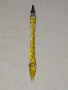 -BELLE ANCIENNE PLUME VERRE de MURANO COULEUR JAUNE et BLEUE COLLECTION   D
