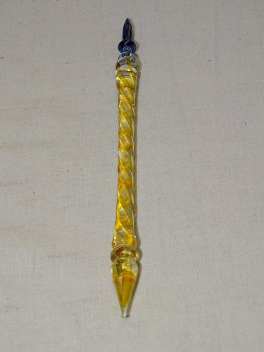 -BELLE ANCIENNE PLUME VERRE de MURANO COULEUR JAUNE et BLEUE COLLECTION   D