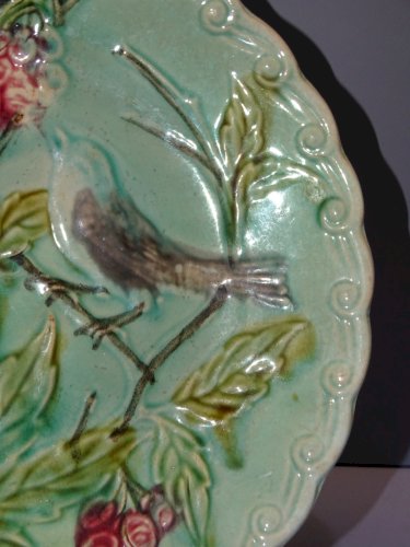 -BELLE ASSIETTE BARBOTINE 2 OISEAUX SUR BRANCHES ARBRES FRUITIERS début XXe   D