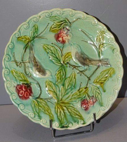 -BELLE ASSIETTE BARBOTINE 2 OISEAUX SUR BRANCHES ARBRES FRUITIERS début XXe   D