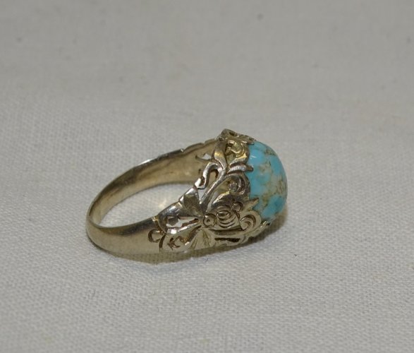 -  BELLE BAGUE ARGENT 925° & 1 PIERRE PORCELAINE BLEUE TAILLE 54 BIJOU ANCIEN  D