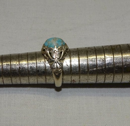 -  BELLE BAGUE ARGENT 925° & 1 PIERRE PORCELAINE BLEUE TAILLE 54 BIJOU ANCIEN  D