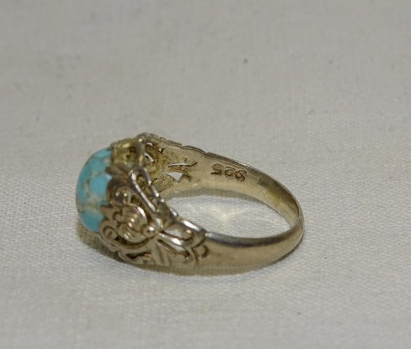 -  BELLE BAGUE ARGENT 925° & 1 PIERRE PORCELAINE BLEUE TAILLE 54 BIJOU ANCIEN  D