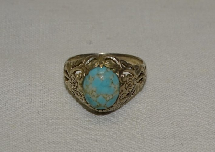 -  BELLE BAGUE ARGENT 925° & 1 PIERRE PORCELAINE BLEUE TAILLE 54 BIJOU ANCIEN  D