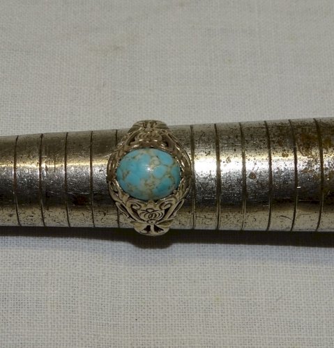 -  BELLE BAGUE ARGENT 925° & 1 PIERRE PORCELAINE BLEUE TAILLE 54 BIJOU ANCIEN  D