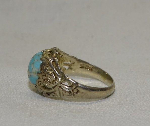 -  BELLE BAGUE ARGENT 925° & 1 PIERRE PORCELAINE BLEUE TAILLE 54 BIJOU ANCIEN  D