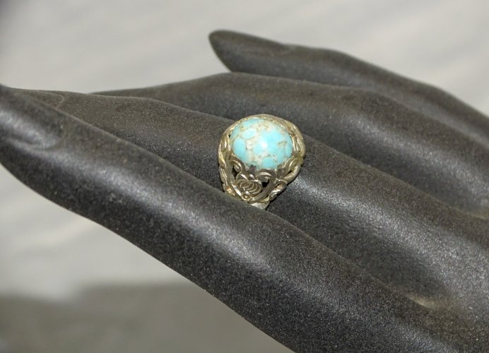 -  BELLE BAGUE ARGENT 925° & 1 PIERRE PORCELAINE BLEUE TAILLE 54 BIJOU ANCIEN  D