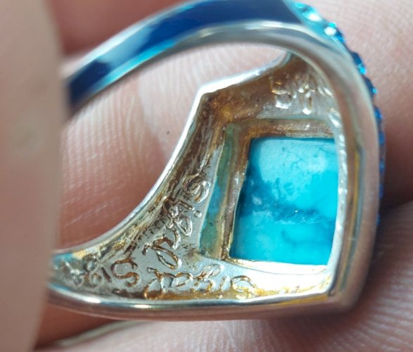 Belle bague, pierre, strass et émail bleu, en argent massif, Sigal ^