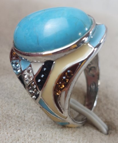 Belle bague, pierre, strass et émail, en argent massif, Sigal ^