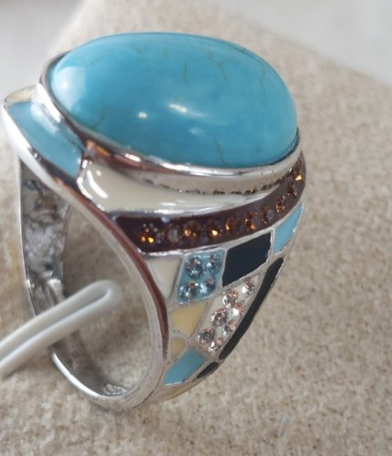 Belle bague, pierre, strass et émail, en argent massif, Sigal ^