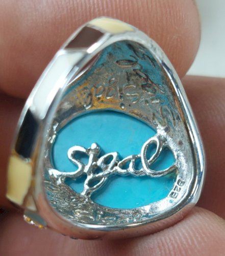 Belle bague, pierre, strass et émail, en argent massif, Sigal ^