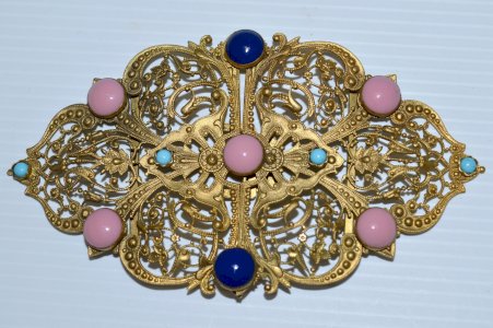 -BELLE BOUCLE de CEINTURE ART NOUVEAU en  LAITON doré  Perles émaillées Fin XIX