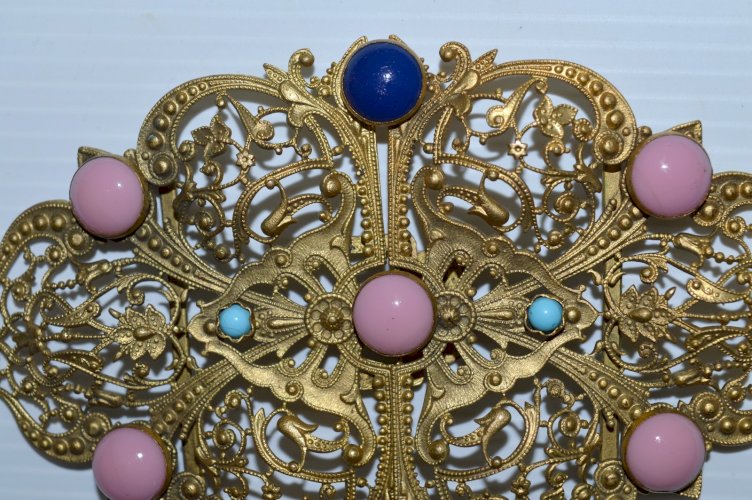 -BELLE BOUCLE de CEINTURE ART NOUVEAU en  LAITON doré  Perles émaillées Fin XIX