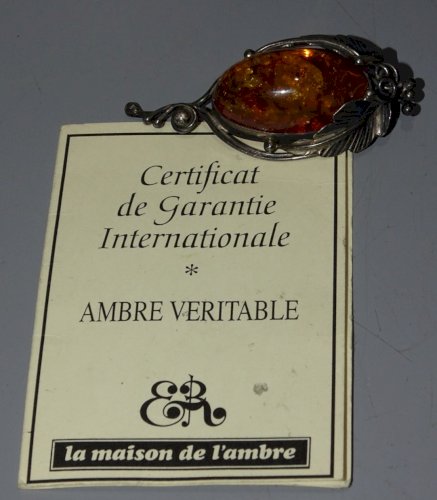 -BELLE BROCHE ARGENT Poinçon Minerve 1er Titre & AMBRE VERITABLE BIJOU ANCIEN  D