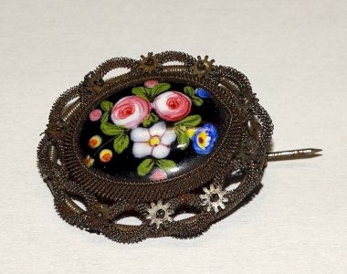-BELLE BROCHE FIL DE FER SILESIEN 1825 FERRONNERIE BERLIN EMAIL BIJOU ANCIEN  D