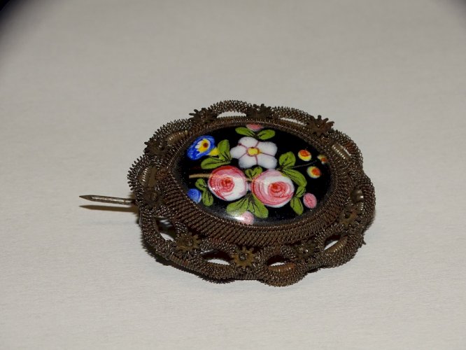 -BELLE BROCHE FIL DE FER SILESIEN 1825 FERRONNERIE BERLIN EMAIL BIJOU ANCIEN  D