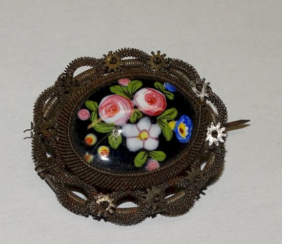 -BELLE BROCHE FIL DE FER SILESIEN 1825 FERRONNERIE BERLIN EMAIL BIJOU ANCIEN  D