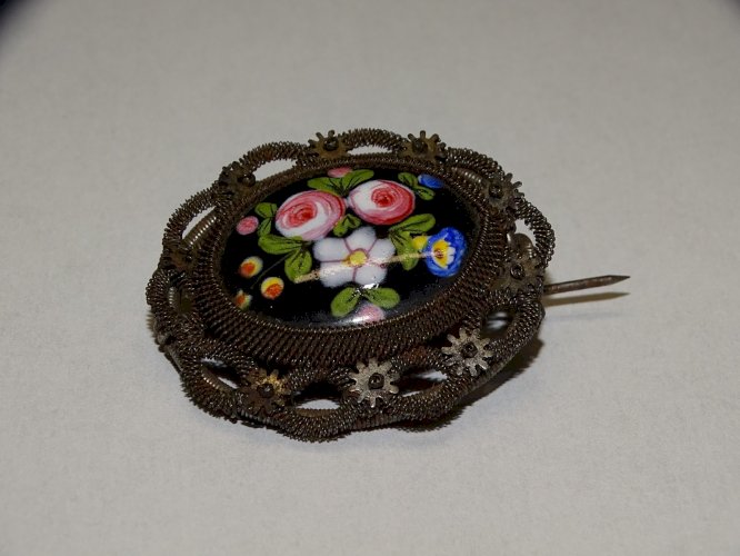 -BELLE BROCHE FIL DE FER SILESIEN 1825 FERRONNERIE BERLIN EMAIL BIJOU ANCIEN  D