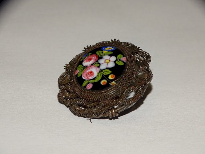 -BELLE BROCHE FIL DE FER SILESIEN 1825 FERRONNERIE BERLIN EMAIL BIJOU ANCIEN  D
