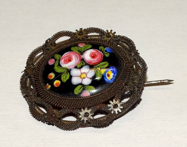 -BELLE BROCHE FIL DE FER SILESIEN 1825 FERRONNERIE BERLIN EMAIL BIJOU ANCIEN  D