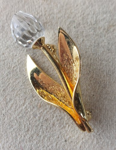 Belle broche tulipe, en cristal et métal doré, Swarovski ^