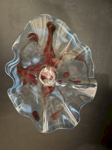 belle Coupe saladier  en verre bullé bleu à coulures artisanal verrerie signé