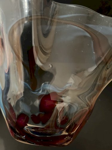 belle Coupe saladier  en verre bullé bleu à coulures artisanal verrerie signé