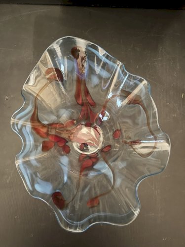 belle Coupe saladier  en verre bullé bleu à coulures artisanal verrerie signé