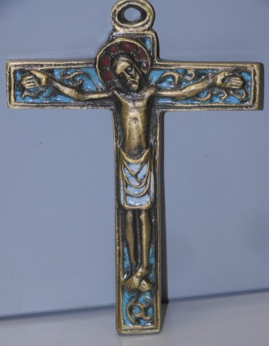 -BELLE CROIX CRUCIFIX STYLE MEDIEVAL BRONZE EMAIL Signé Dominique PIECHAUD    D