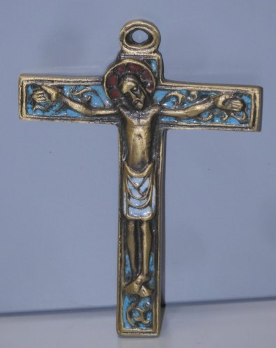 -BELLE CROIX CRUCIFIX STYLE MEDIEVAL BRONZE EMAIL Signé Dominique PIECHAUD    D