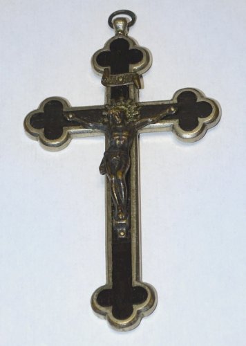 -BELLE CROIX PECTORALE NAPOLEON III BOIS & METAL Argenté COLLECTION RELIGION   D