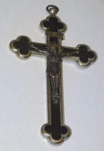 -BELLE CROIX PECTORALE NAPOLEON III BOIS & METAL Argenté COLLECTION RELIGION   D