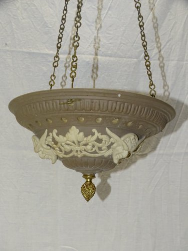 -BELLE ET RARE SUSPENSION CERAMIQUE SARREGUEMINES N°557 GLAND BRONZE AU BOUT