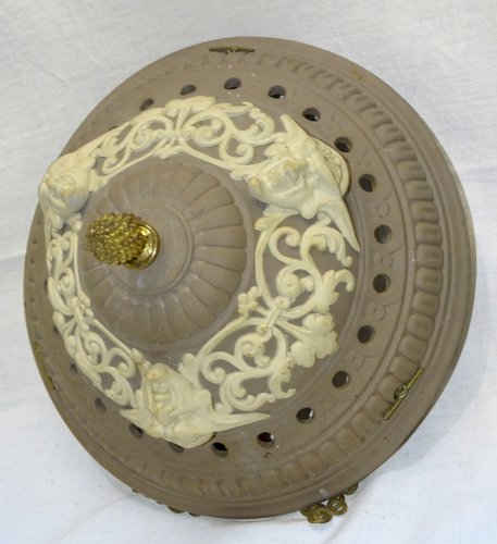 -BELLE ET RARE SUSPENSION CERAMIQUE SARREGUEMINES N°557 GLAND BRONZE AU BOUT