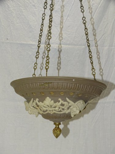 -BELLE ET RARE SUSPENSION CERAMIQUE SARREGUEMINES N°557 GLAND BRONZE AU BOUT