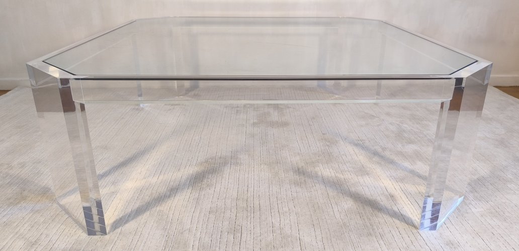 ✨✨ Belle grande table basse carrée ATHÉNA en altuglas & verre signée David Lange ✨✨