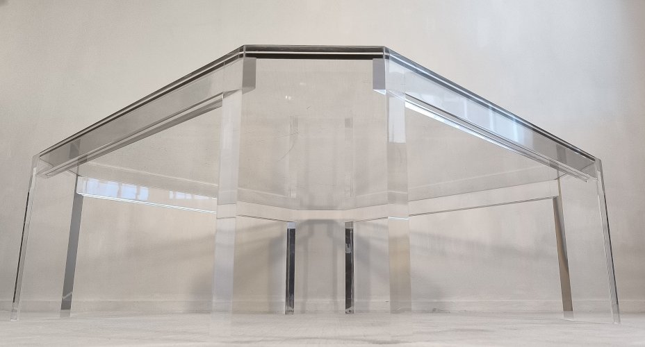 ✨✨ Belle grande table basse carrée ATHÉNA en altuglas & verre signée David Lange ✨✨