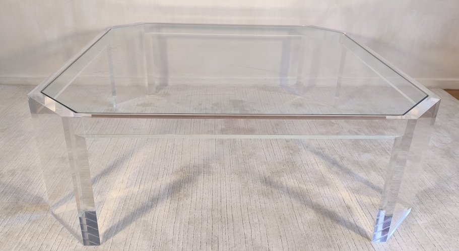 ✨✨ Belle grande table basse carrée ATHÉNA en altuglas & verre signée David Lange ✨✨