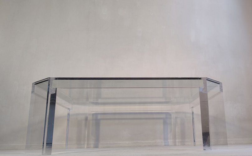 ✨✨ Belle grande table basse carrée ATHÉNA en altuglas & verre signée David Lange ✨✨
