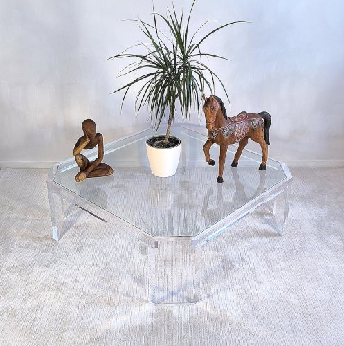 ✨✨ Belle grande table basse carrée ATHÉNA en altuglas & verre signée David Lange ✨✨